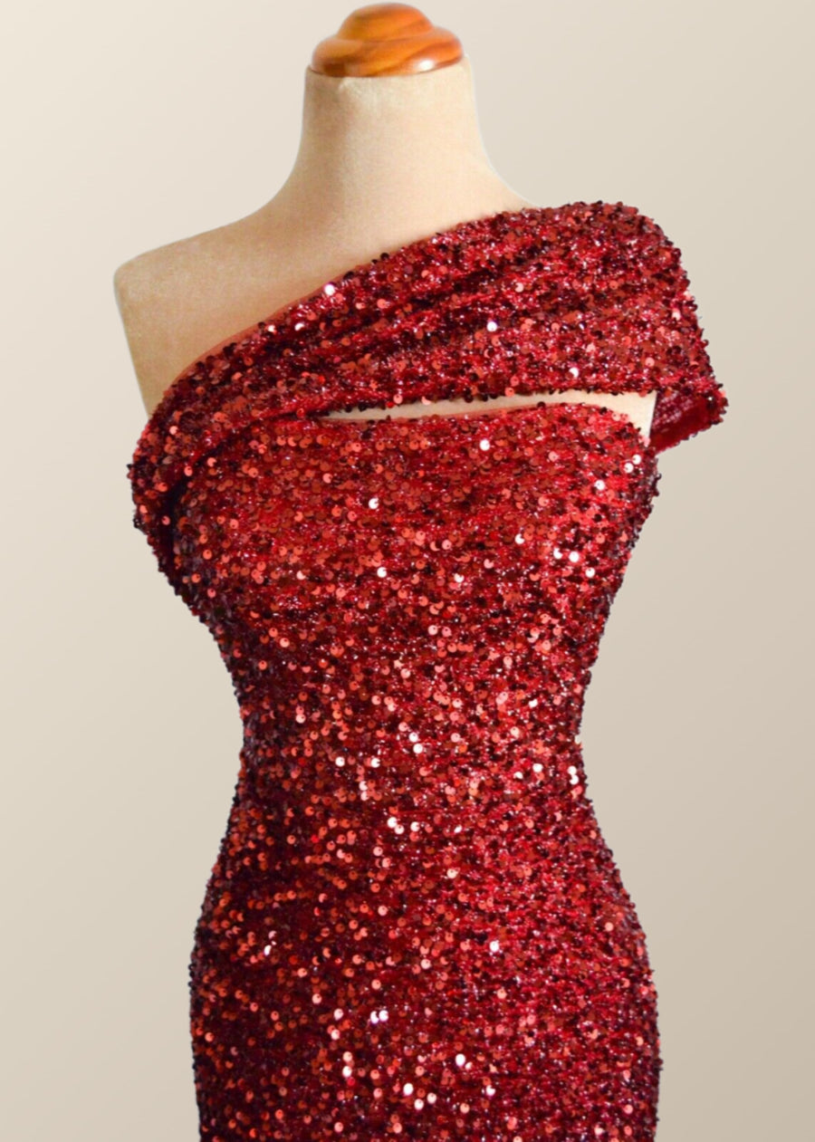 One Shoulder Wine Red Sequin Mermaid Party Dress
