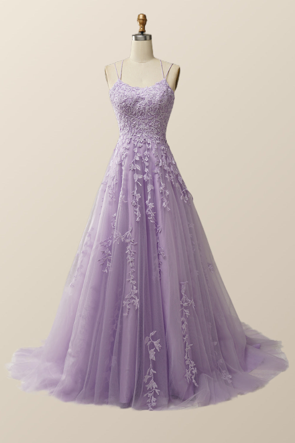 Lavender Lace Appliques A-line Long Formal Dress