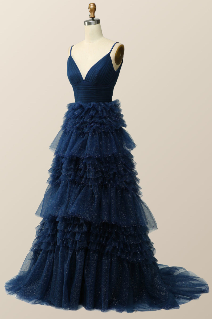 Navy Blue Tiered Ruffle Long Ball Gown