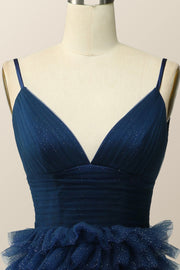 Navy Blue Tiered Ruffle Long Ball Gown