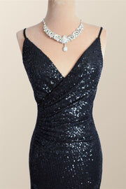 Black Sequin Straps Faux Wrap Party Dress