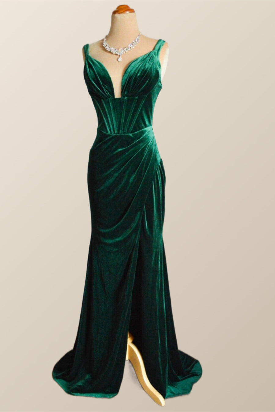 Green Velvet Mermaid Long Formal Dress with Slit