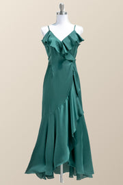 Straps Green Ruffles Wrap Midi Party Dress