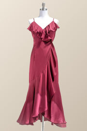 Straps Burgundy Ruffles Wrap Midi Party Dress