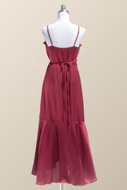 Straps Burgundy Ruffles Wrap Midi Party Dress