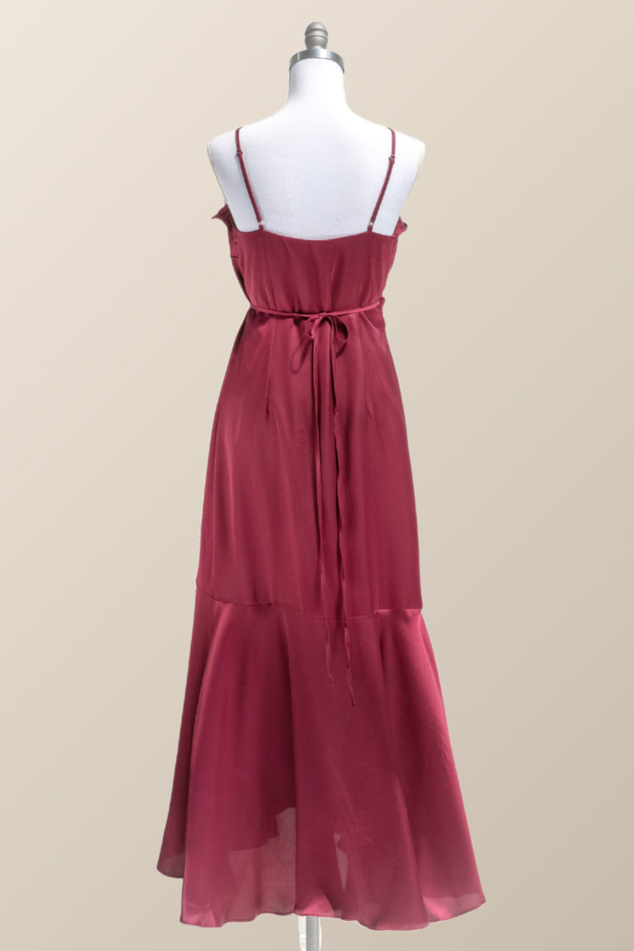 Straps Burgundy Ruffles Wrap Midi Party Dress