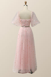 Pink Floral Embroidered Dress with Half Puffy Sleeves