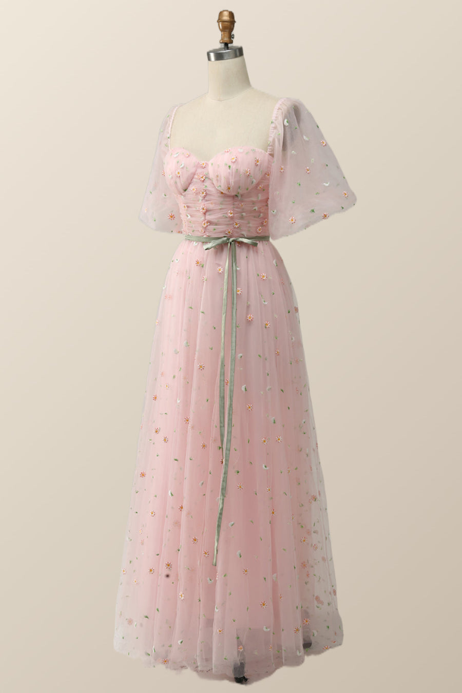 Pink Floral Embroidered Dress with Half Puffy Sleeves