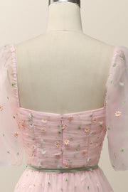 Pink Floral Embroidered Dress with Half Puffy Sleeves
