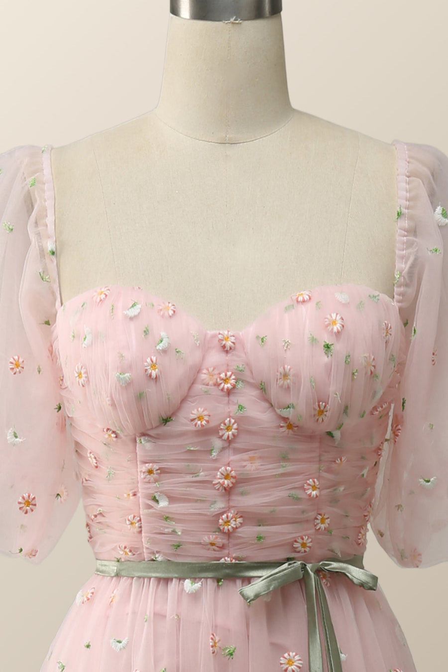 Pink Floral Embroidered Dress with Half Puffy Sleeves