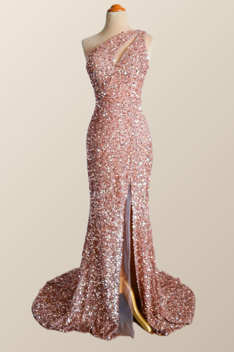One Shoulder Rose Gold Sequin Mermaid Long Party Dress Ohmollydress One Shoulder Rose Gold Sequin Mermaid Long Party Dress Ohmollydress
