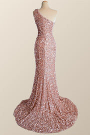 One Shoulder Rose Gold Sequin Mermaid Long Party Dress