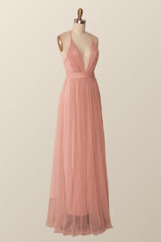 Plunge Pink Tulle A-line Long Formal Dresss
