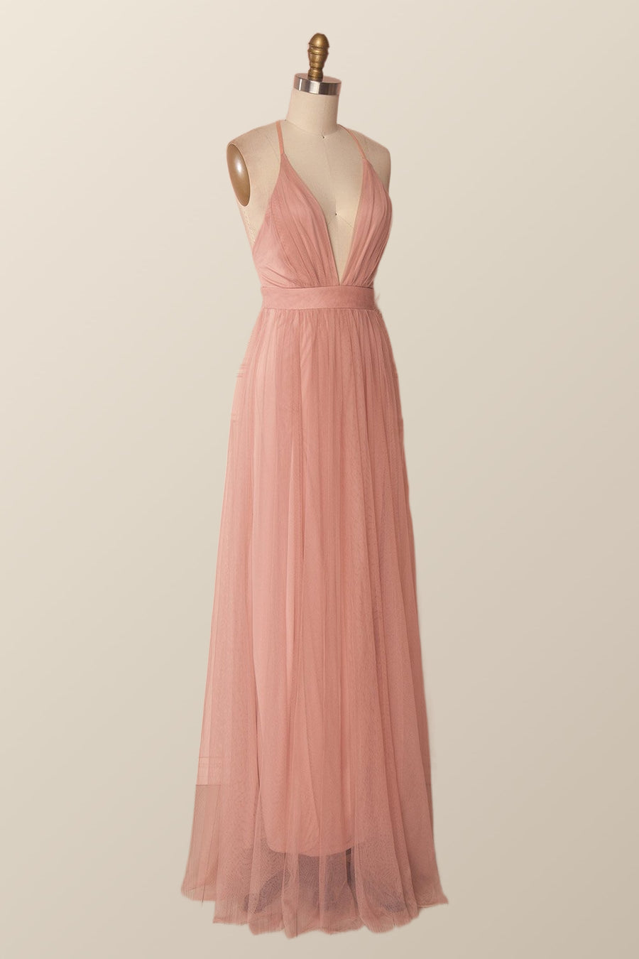 Plunge Pink Tulle A-line Long Formal Dresss
