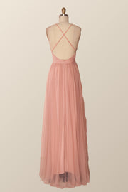 Plunge Pink Tulle A-line Long Formal Dresss