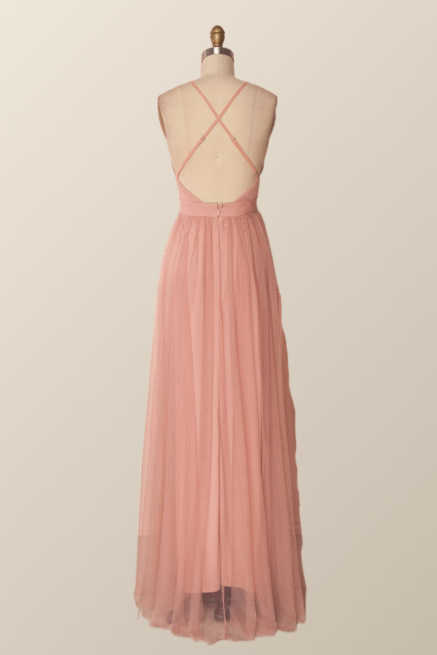 Plunge Pink Tulle A-line Long Formal Dresss