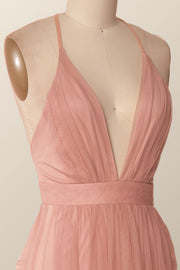 Plunge Pink Tulle A-line Long Formal Dresss