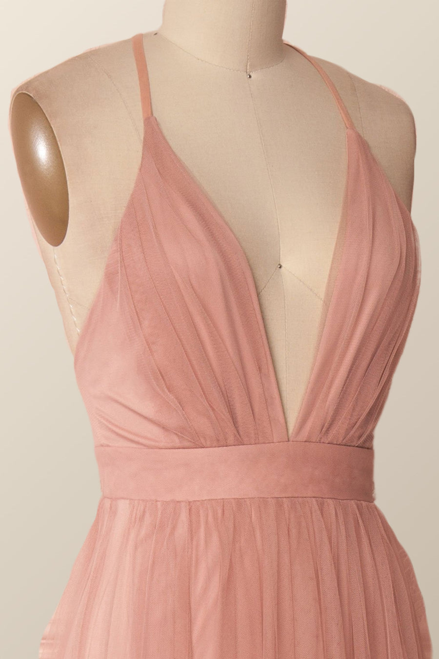 Plunge Pink Tulle A-line Long Formal Dresss