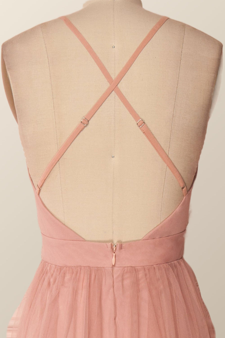 Plunge Pink Tulle A-line Long Formal Dresss