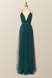Plunge Turquoise Tulle A-line Long Formal Dresss