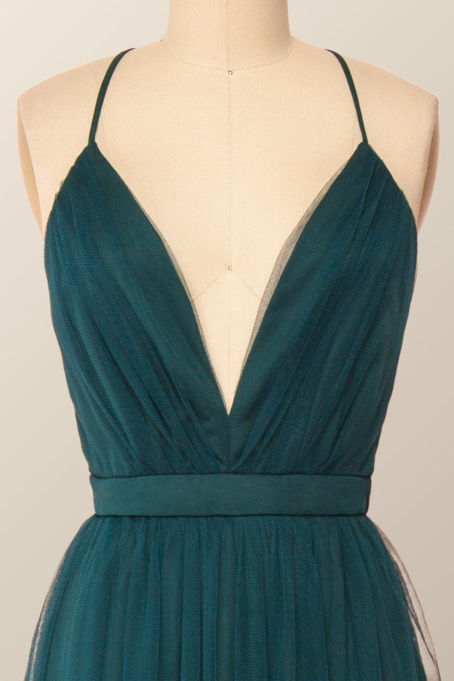 Plunge Turquoise Tulle A-line Long Formal Dresss