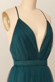 Plunge Turquoise Tulle A-line Long Formal Dresss