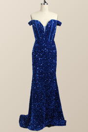 Off the Shoulder Royal Blue Sequin Mermaid Prom Dress