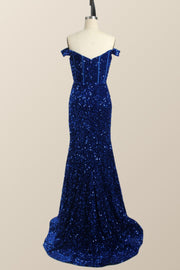 Off the Shoulder Royal Blue Sequin Mermaid Prom Dress