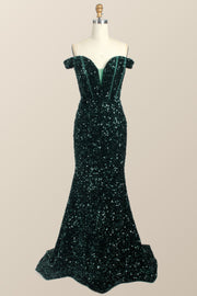 Off the Shoulder Dark Green Sequin Mermaid Prom Dress