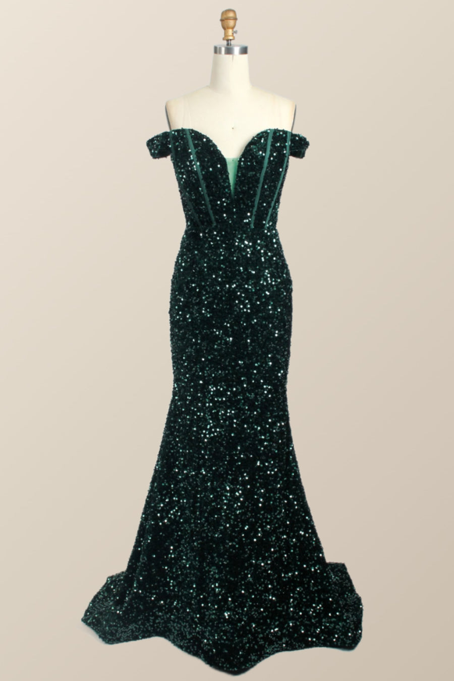 Off the Shoulder Dark Green Sequin Mermaid Prom Dress