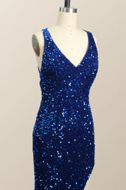 One Shoulder Royal Blue Sequin Slit Long Prom Dress