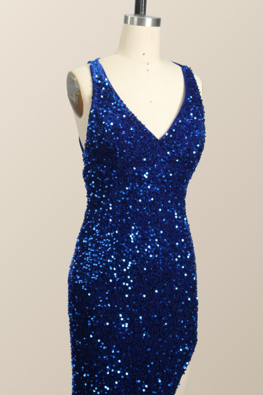 One Shoulder Royal Blue Sequin Slit Long Prom Dress