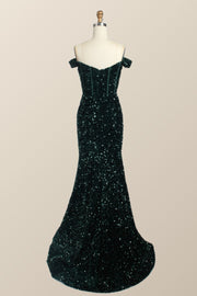 Off the Shoulder Dark Green Sequin Mermaid Prom Dress