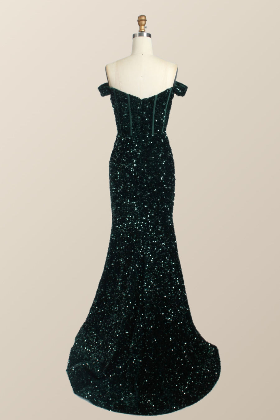 Off the Shoulder Dark Green Sequin Mermaid Prom Dress