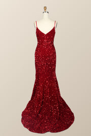 Straps Red Sequin Mermaid Long Party Dress