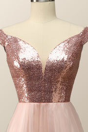 Off the Shoulder Rose Gols Sequin and Tulle Long Party Dress