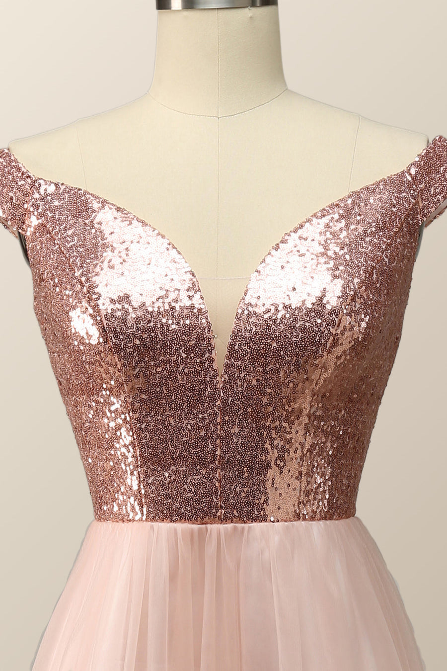 Off the Shoulder Rose Gols Sequin and Tulle Long Party Dress