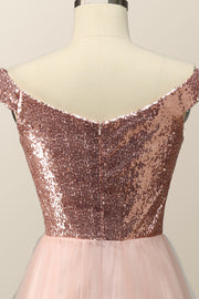 Off the Shoulder Rose Gols Sequin and Tulle Long Party Dress