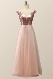 Off the Shoulder Rose Gols Sequin and Tulle Long Party Dress