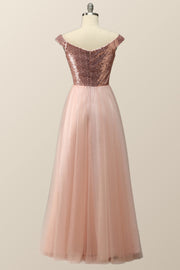 Off the Shoulder Rose Gols Sequin and Tulle Long Party Dress