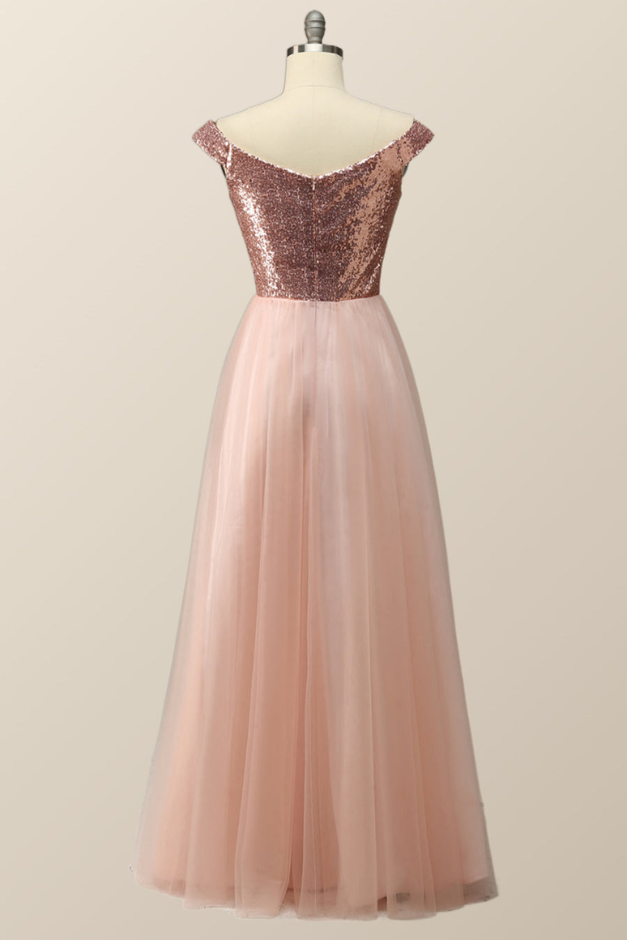 Off the Shoulder Rose Gols Sequin and Tulle Long Party Dress