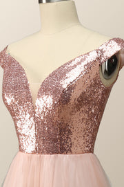 Off the Shoulder Rose Gols Sequin and Tulle Long Party Dress