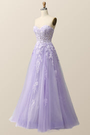 Strapless Lavender and White Floral Embroidered Formal Dress