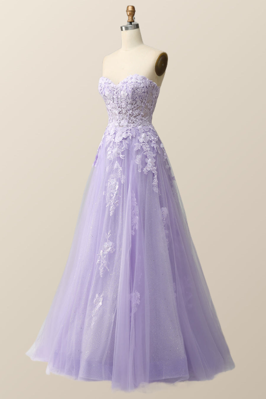 Strapless Lavender and White Floral Embroidered Formal Dress