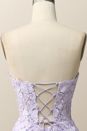 Strapless Lavender and White Floral Embroidered Formal Dress