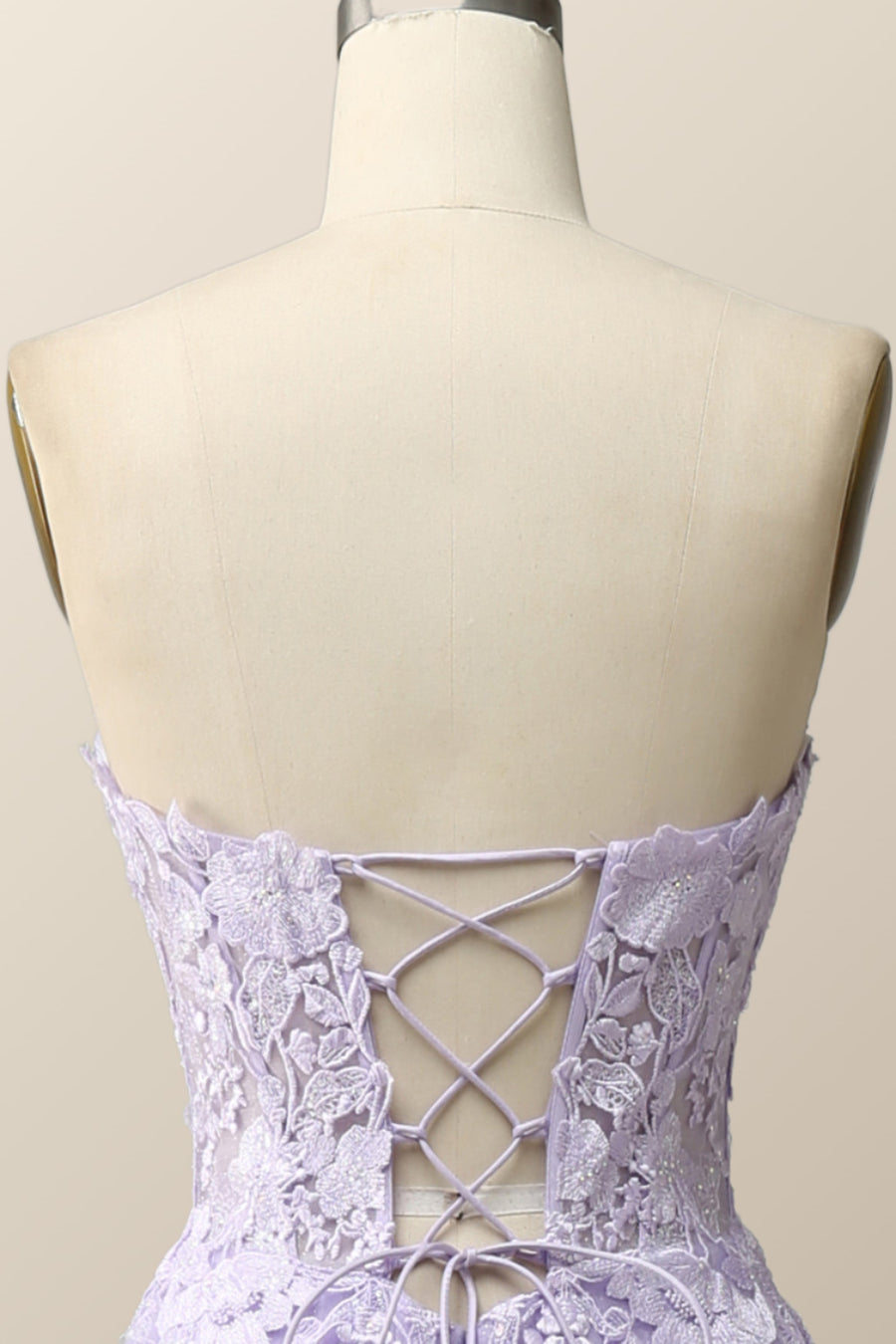 Strapless Lavender and White Floral Embroidered Formal Dress