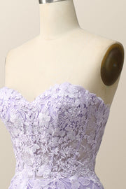 Strapless Lavender and White Floral Embroidered Formal Dress