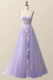 Strapless Lavender and White Floral Embroidered Formal Dress