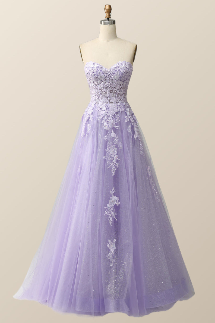 Strapless Lavender and White Floral Embroidered Formal Dress