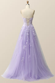 Strapless Lavender and White Floral Embroidered Formal Dress